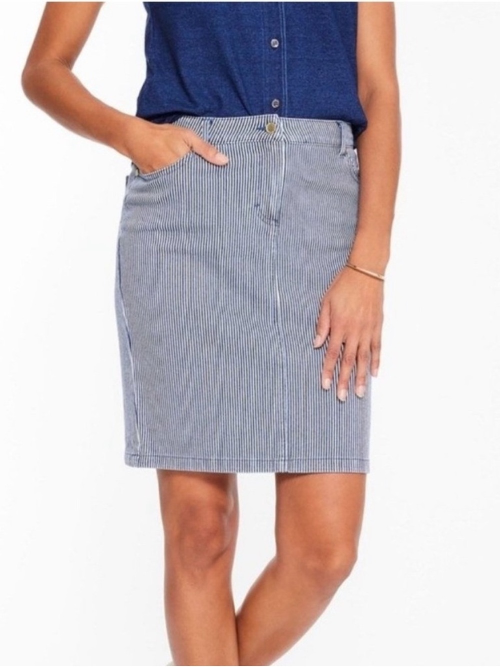 Striped Blue Cotton-Blend Pencil Skirt